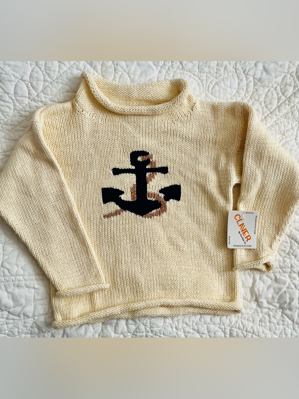 NWT Claver Cream Anchor Intarsia Knit Sweater Nautical Anchor Navy Cape Cod